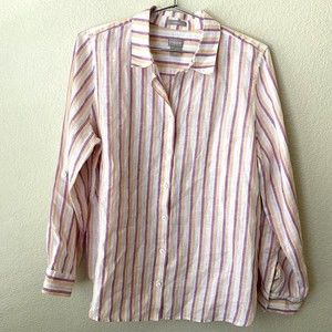 Chico's Shirt Women M Linen Blend No Iron Roll Tab Sleeve Button Front Stripes